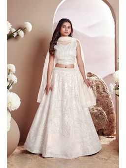 Lagorii - Girls Cream Net Embroidered Choli with Lehenga and Dupatta