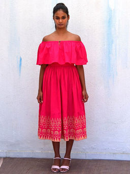 Chidiyaa - Smell of Rain Rani Off Shoulder Hand Block Printed Cotton Dress