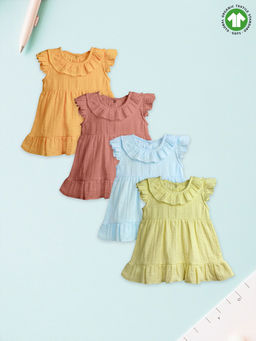 Kidbea - Girls Multi-Color Linen Cotton Blend Knee Length Dresses (Pack of 4)