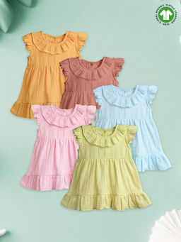 Kidbea - Girls Multi-Color Linen Cotton Blend Knee Length Dresses (Pack of 5)