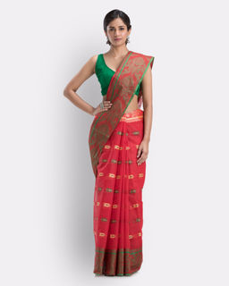 Angoshobha - Woven Sunflower Self Design Tant Pure Cotton Saree -Maroon