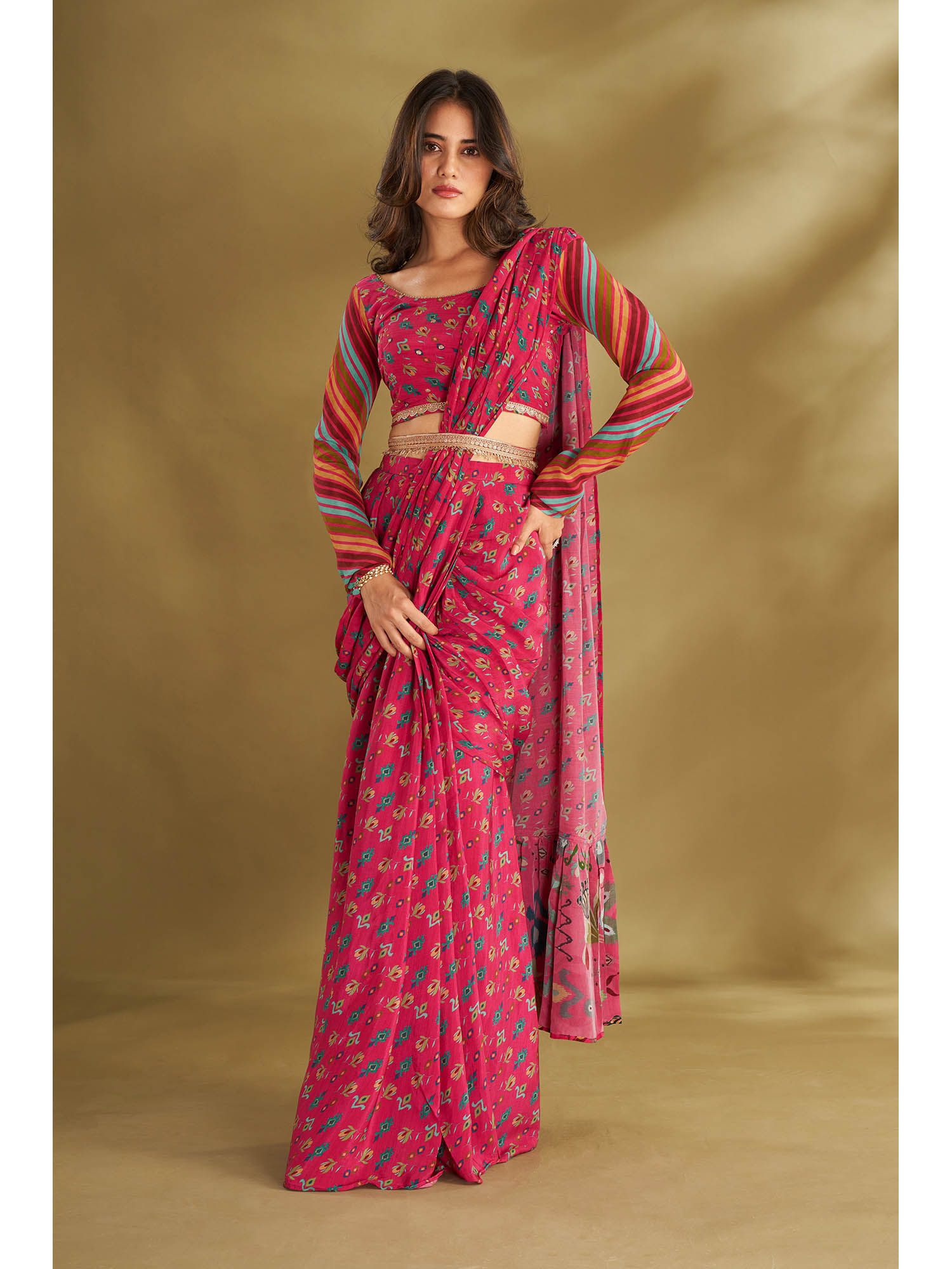 affroz Pink Printed Pre-Drape Saree With Stitched Blouse And Belt with Stitched-picture-42