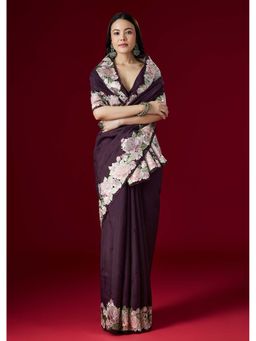KALKI FASHION - Wine Kora Silk Floral Thread Embroidered Border Saree With Unstitched Blouse