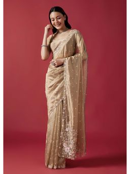 KALKI FASHION - Dusky Beige Embellished Tissue Cutwork Border Saree With Unstitched Blouse