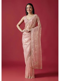 KALKI FASHION - Pink Tissue Organza Jacquard Embellished Scallop Border Saree With Unstitched Blouse