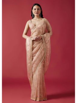 KALKI FASHION - Peach Embellished Tissue Organza Jacquard Scallop Border Saree With Unstitched Blouse