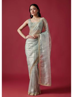 KALKI FASHION - Sky Blue Embellished Tissue Organza Scallop Border Saree With Unstitched Blouse