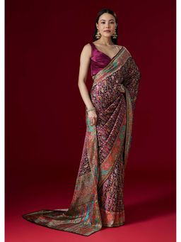 KALKI FASHION - Wine Woven Satin Traditional Motifs Saree With Unstitched Blouse
