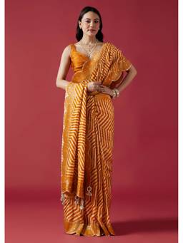 KALKI FASHION - Mustard Leheriya Printed Mirror Border Saree With Unstitched Blouse