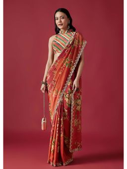 KALKI FASHION - Coral Floral Printed Crepe Mirror & Gotta Border Saree With Unstitched Blouse