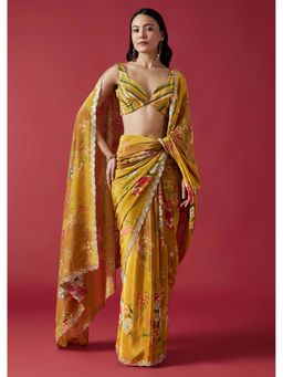 KALKI FASHION - Mustard Floral Printed Mirror & Gotta Border Saree With Unstitched Blouse