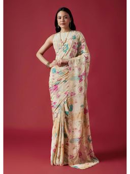 KALKI FASHION - Cream Floral Embellished Mirror Tissue Scallop Border Saree With Unstitched Blouse
