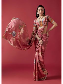 KALKI FASHION - Dusky Rose Floral Printed Mirror & Gotta Border Saree With Unstitched Blouse