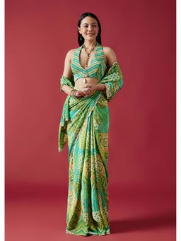 KALKI FASHION - Light Green Printed Crepe Silk Mirror Border Saree With Unstitched Blouse