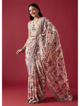 KALKI FASHION - Off-White Floral Printed Crepe Mirror & Sequin Work Saree With Unstitched Blouse