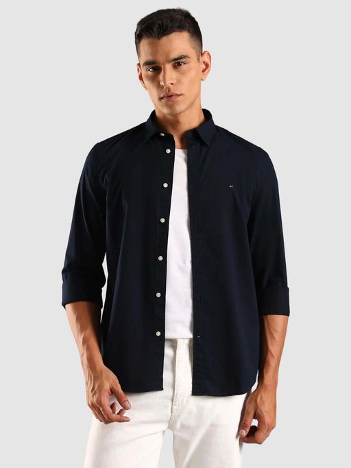 Tommy Hilfiger Solid Slim Fit Cotton Navy Blue Casual Shirt