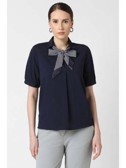 Van Heusen - Women Navy Blue Solid Formal Stylized Neck Top