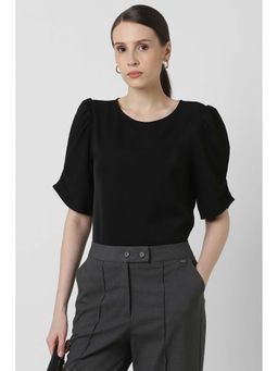 Van Heusen - Women Black Solid Casual Round Neck Top