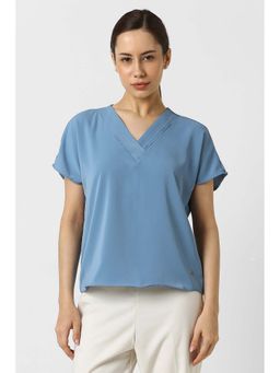 Van Heusen - Women Light Blue Solid Casual V-Neck Top