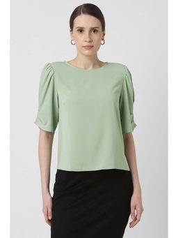 Van Heusen - Women Green Solid Casual Round Neck Top