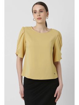 Van Heusen - Women Yellow Solid Casual Round Neck Top