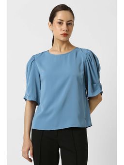 Van Heusen - Women Blue Solid Casual Round Neck Top