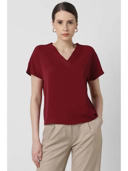 Van Heusen - Women Maroon Solid Casual V-Neck Top