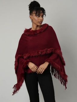 SHOWOFFFF - Womens Solid High Neck Maroon Regular Poncho