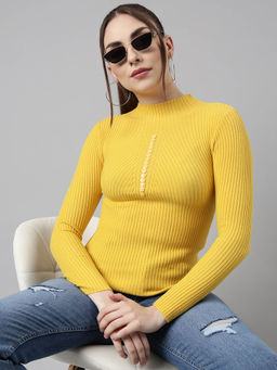 SHOWOFFFF - Womens Solid High Neck Yellow Fitted Top