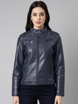 SHOWOFF - Womens Solid Navy Blue Biker Jacket