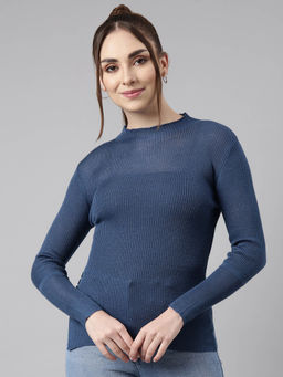 SHOWOFFFF - Womens Solid High Neck Blue Fitted Top