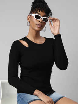 SHOWOFF - Womens Solid Round Neck Black Fitted Top