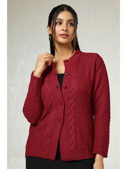 Soch - Womens Maroon Acrylic Woven Design Cardigan