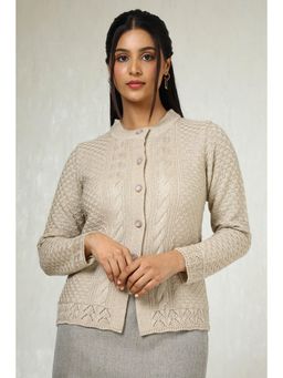 Soch - Womens Beige Acrylic Woven Design Cardigan