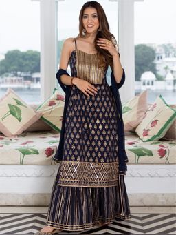 Lavanya The Label - Navy Blue Cotton Printed Long Kurta And Sharara (Set of 3)