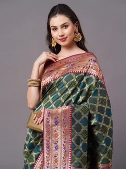 Akhilam - Green Festive Silk Blend Woven Design Saree with Unstitched Blouse with Unstitched