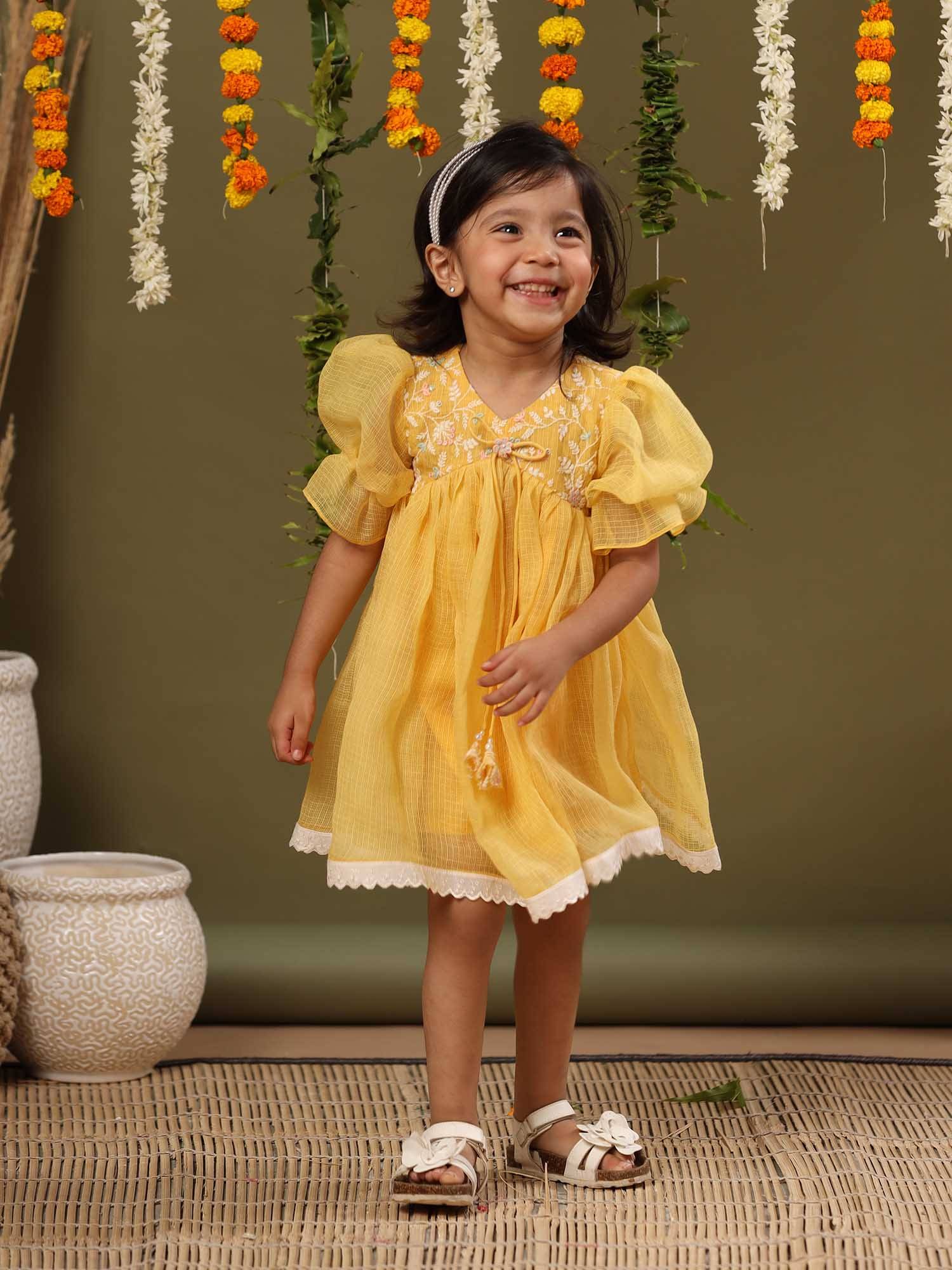 Buy CASA NINOS Girls Yellow Embroidered Dress Online