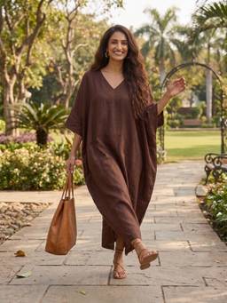Safeera - Brown Earthy Elegance Midi Kaftan Dress