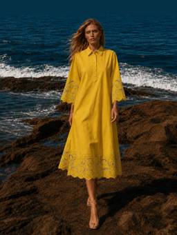 dash and dot - Scalloped Cutwork Midi Shirt Dress