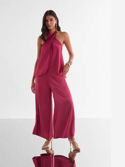 dash and dot - Red Textured Wide-Legged Pant
