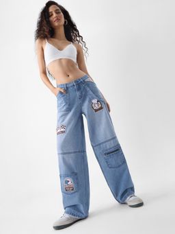 The Souled Store - Official Peanuts Racing Club Women Blue Wide Leg Jeans
