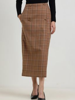 FableStreet - Cotton Plaid Wrap Midi Skirt - Beige
