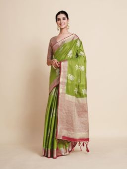 Mimosa - Women Traditional Vakrangi Kanjivaram Art Silk Olive Saree with Unstitched Blouse