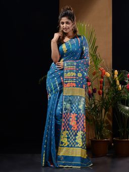 CHARUKRITI - Sapphire Blue Handwoven Saree with Multicolour Floral Designs & Motifs