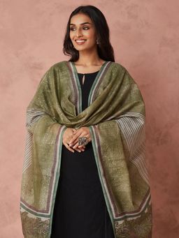 Fabindia - Green Cotton Silk Hand Block Printed Dupatta