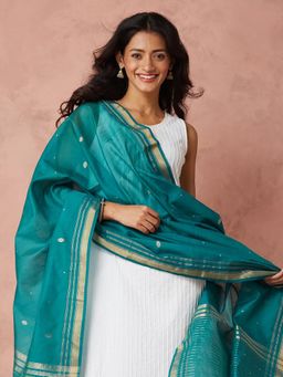 Fabindia - Teal Cotton Silk Blend Chanderi Woven Dupatta