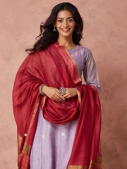 Fabindia - Red Cotton Silk Blend Woven Dupatta