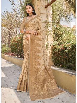 Sangam Prints - Beige Woven & Siroski Stone Work Traditional Saree with Unstitched Blouse