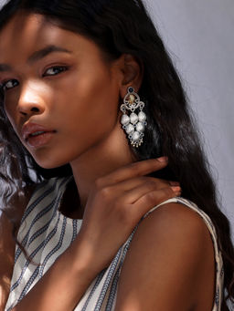 Indya - Dual Tone Blue Multi Drop Tiered Dangler Earrings