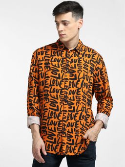 Jack & Jones - Orange All Over Print Full Sleeves Shirt